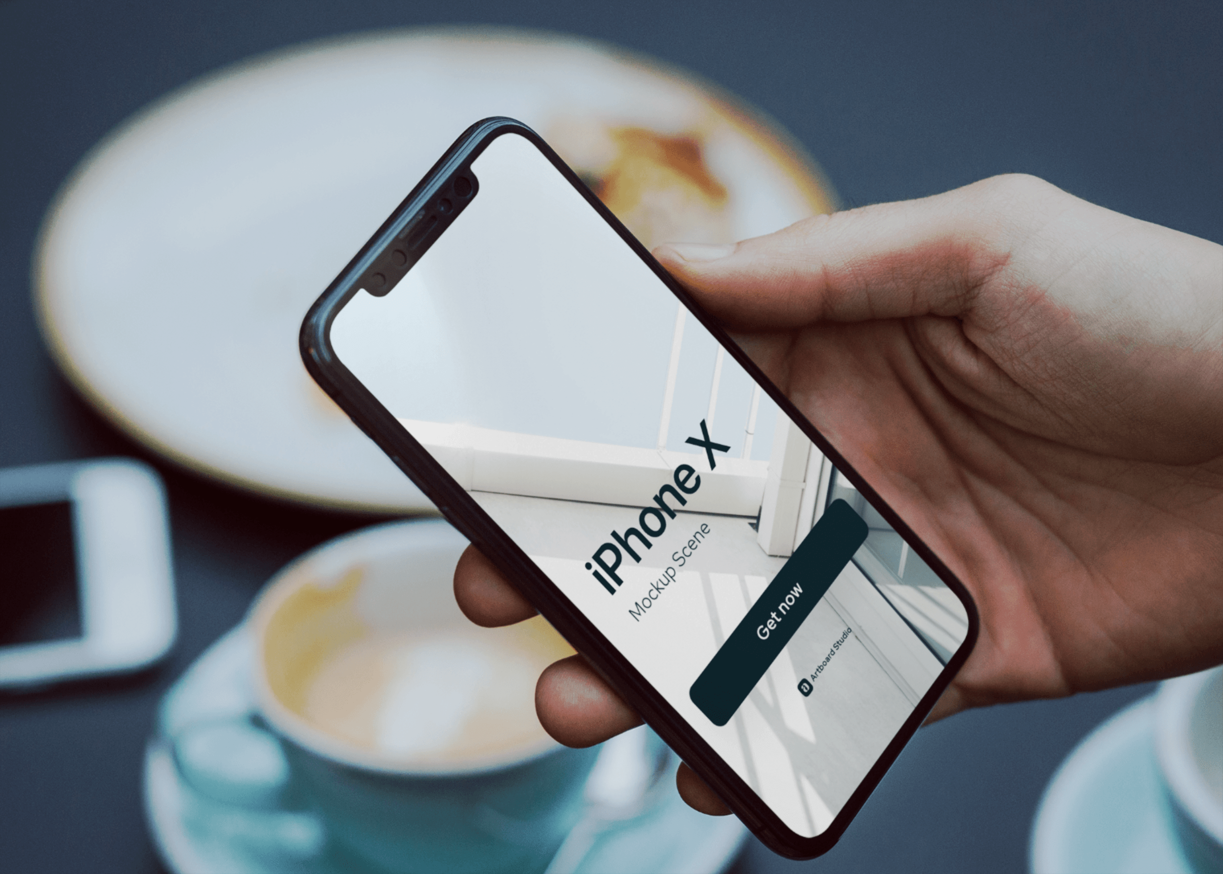 Image It can be easily edited via adobe photoshop in . Hand Holding Iphone X Mockup Scene