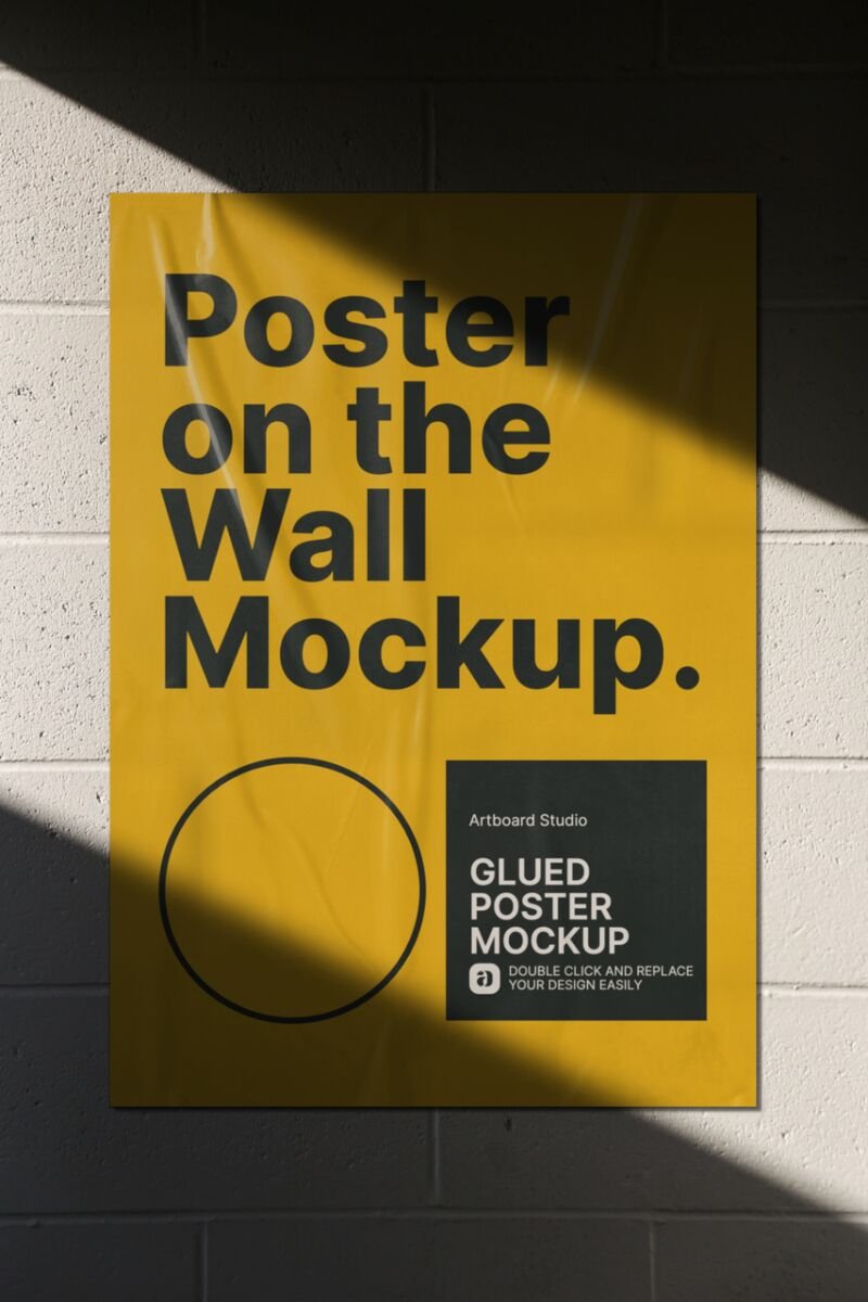 Poster on the wall with glued effect mockup. Shadow Overlay Urban Bricks Wall Glued Poster Mockup Template