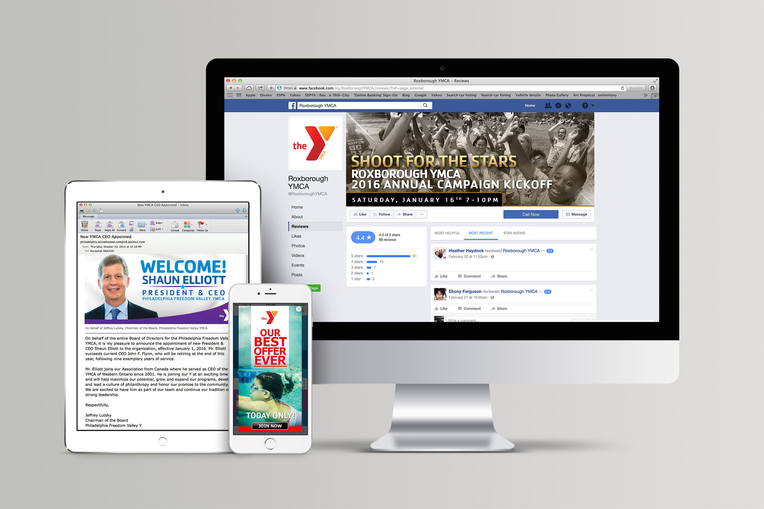 A mockup of two ad displays: Ymca K Abdullah Design