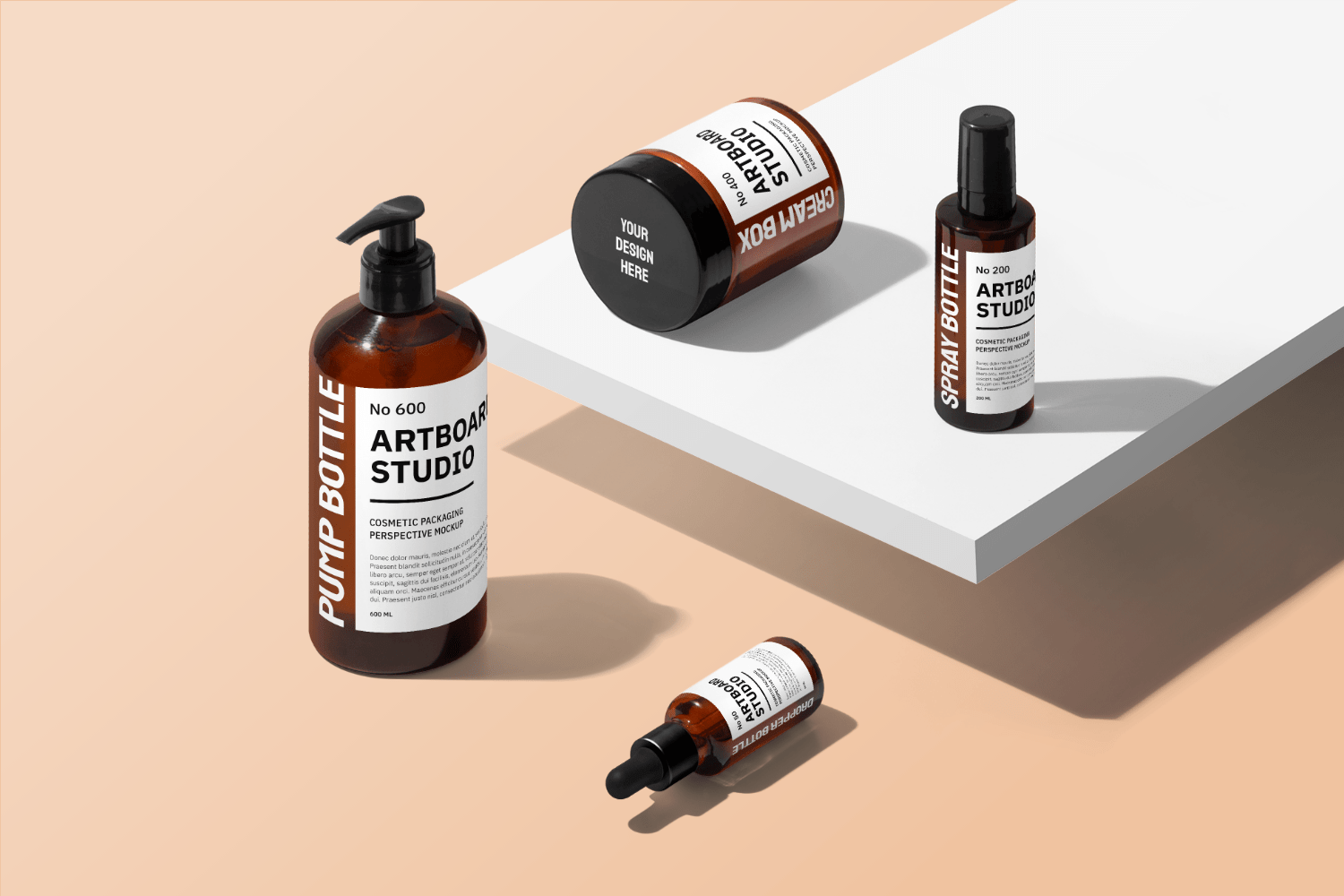 Find shampoo and spray bottles, jars, cream tubes, flacons and more! Cosmetic Packaging Mockup Scene