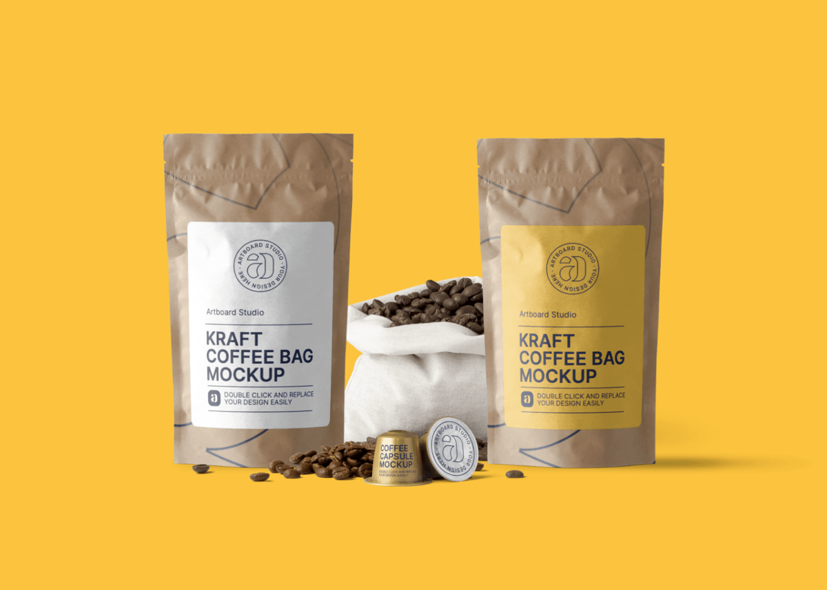 Updated new inclusion on 03/07/2020 · #1 four sets of coffee capsule . Kraft Coffee Bag Package Mockup Scene