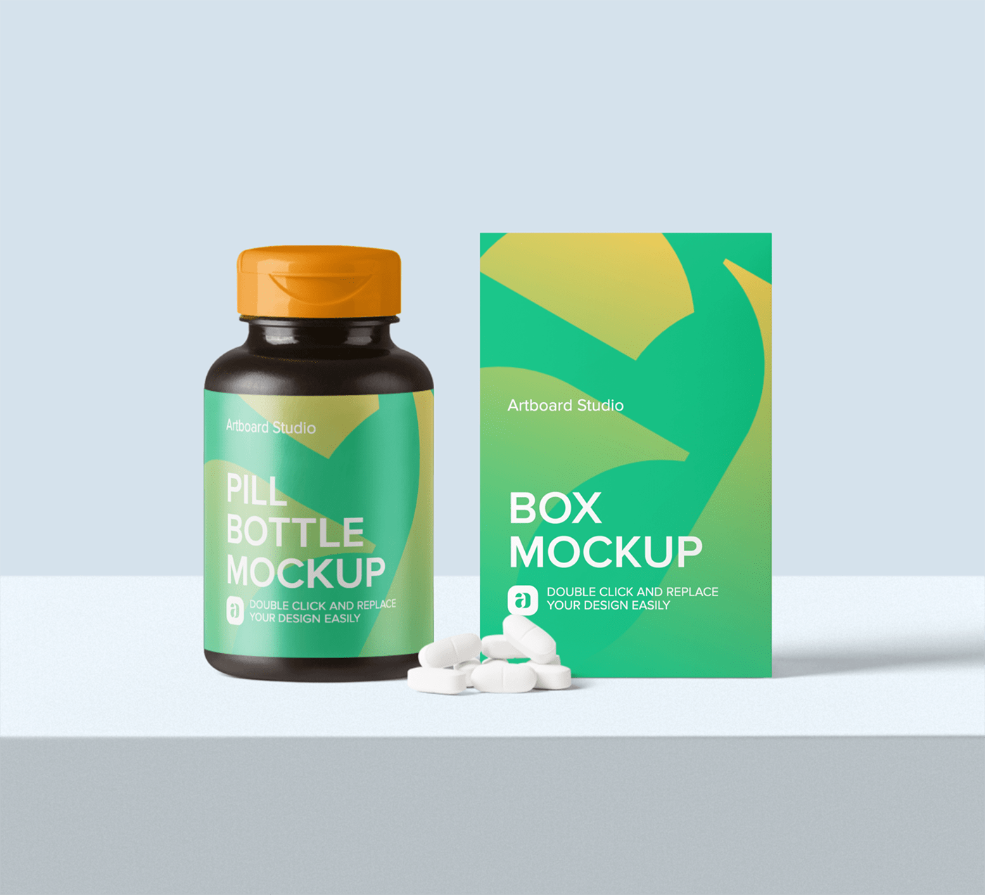 Create a flawless presentation for your artwork or apparel designs using this s. Pill Bottle And Box Mockup Scene